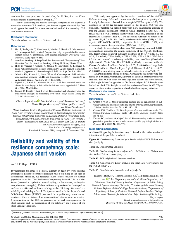 (PDF) Reliability and validity of the resilience competency scale ...
