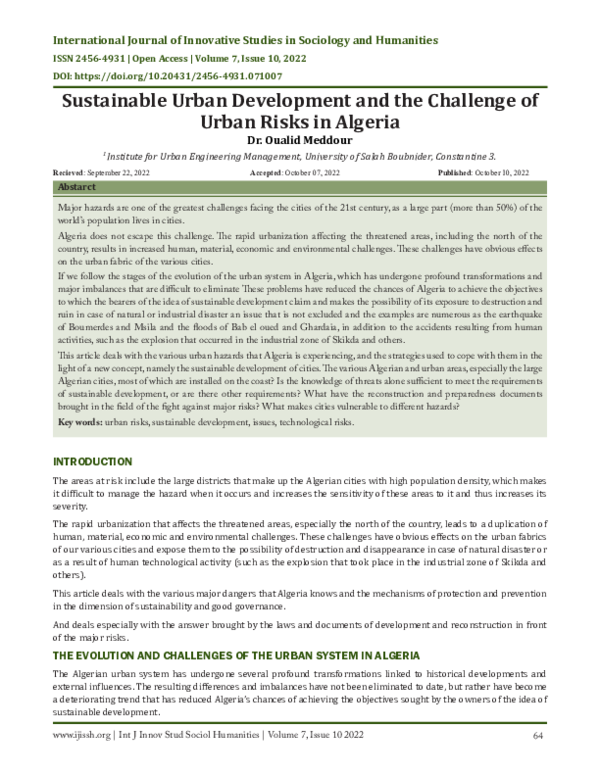 (PDF) Sustainable Urban Development and the Challenge of Urban Risks in ...