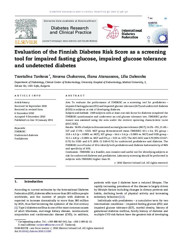 (PDF) Evaluation of the Finnish Diabetes Risk Score as a screening tool ...