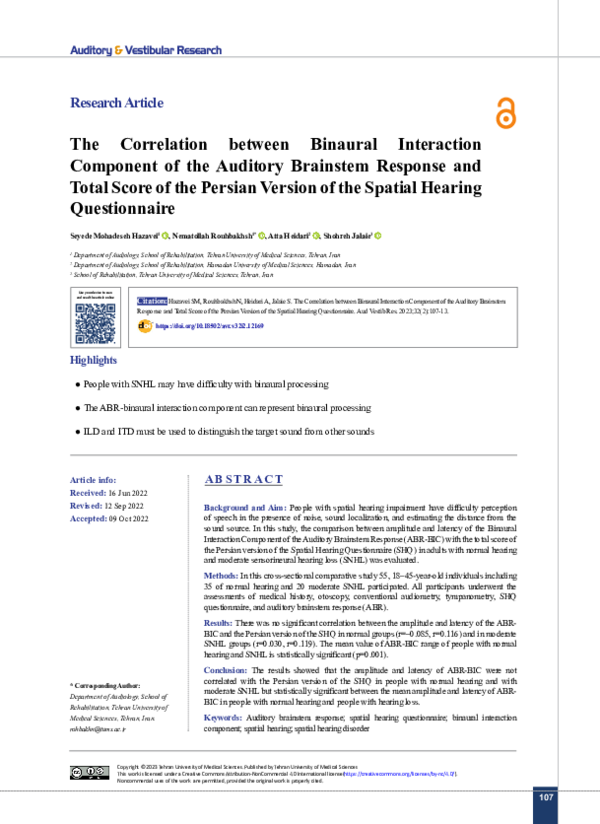 (PDF) The Correlation between Binaural Interaction Component of the ...