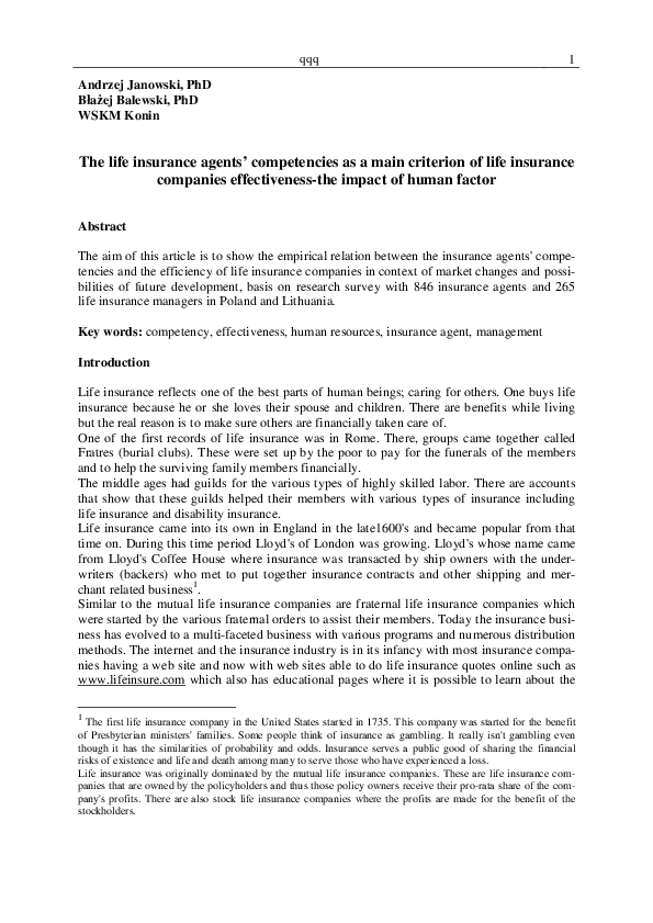 (PDF) The life insurance agents’ competencies as a main criterion of ...