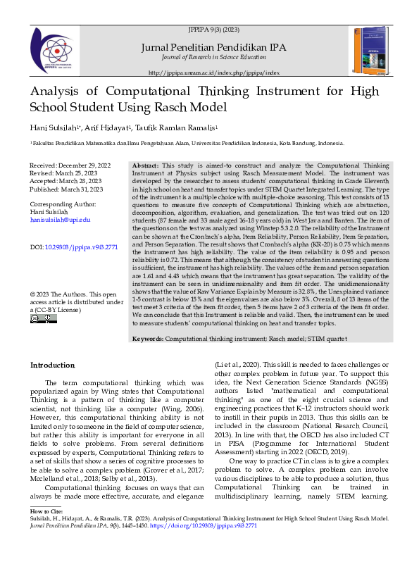 (PDF) Analysis of Computational Thinking Instrument for High School ...