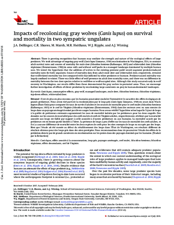 (PDF) Impacts of recolonizing gray wolves (Canis lupus) on survival and ...