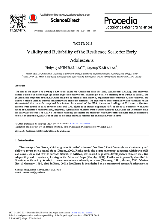 (PDF) Validity and Reliability of the Resilience Scale for Early ...