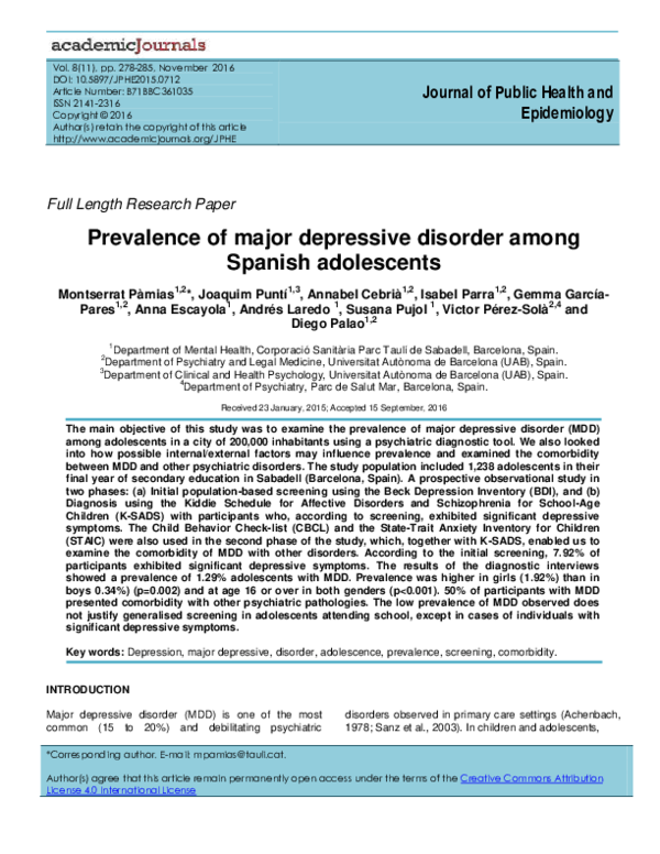 (PDF) Prevalence of major depressive disorder among Spanish adolescents