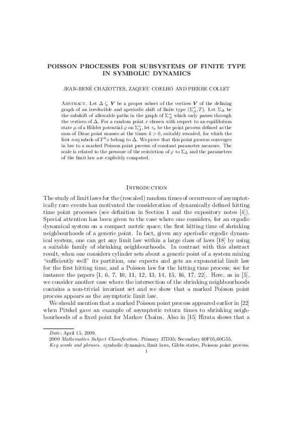 (PDF) Poisson Processes for Subsystems of Finite Type in Symbolic Dynamics