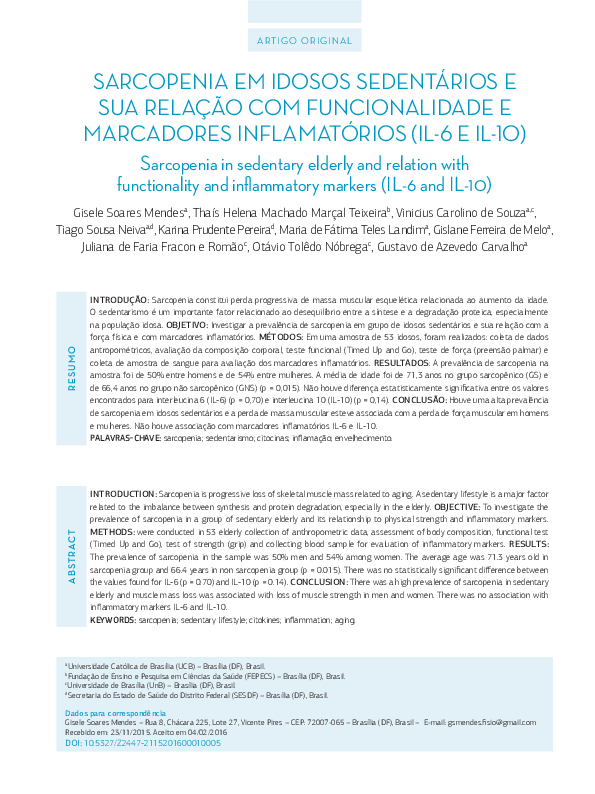 Sarcopenia em idosos sedentários e sua relação com funcionalidade e marcadores inflamatórios (IL-6 e IL-10)