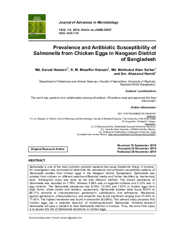 (PDF) Prevalence and Antibiotic Susceptibility of Salmonella from ...