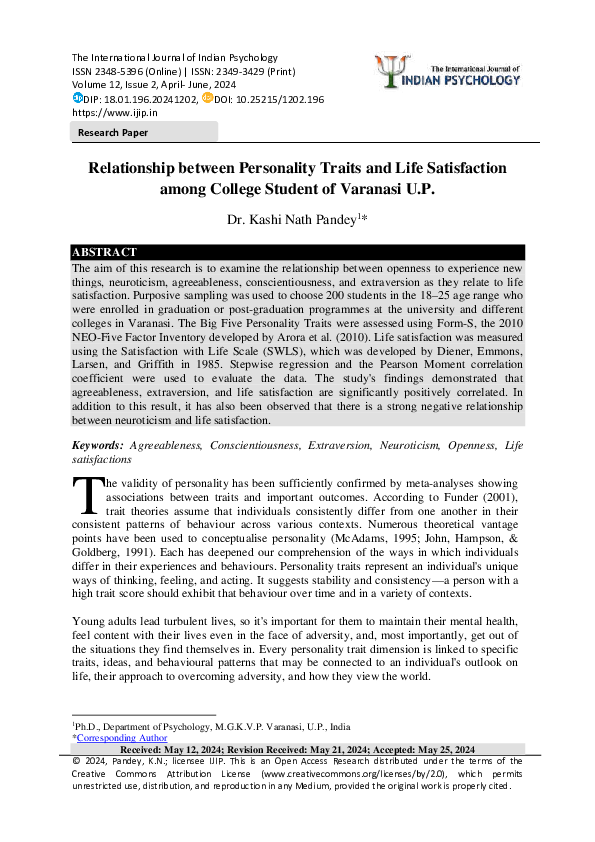 (PDF) Relationship between Personality Traits and Life Satisfaction ...