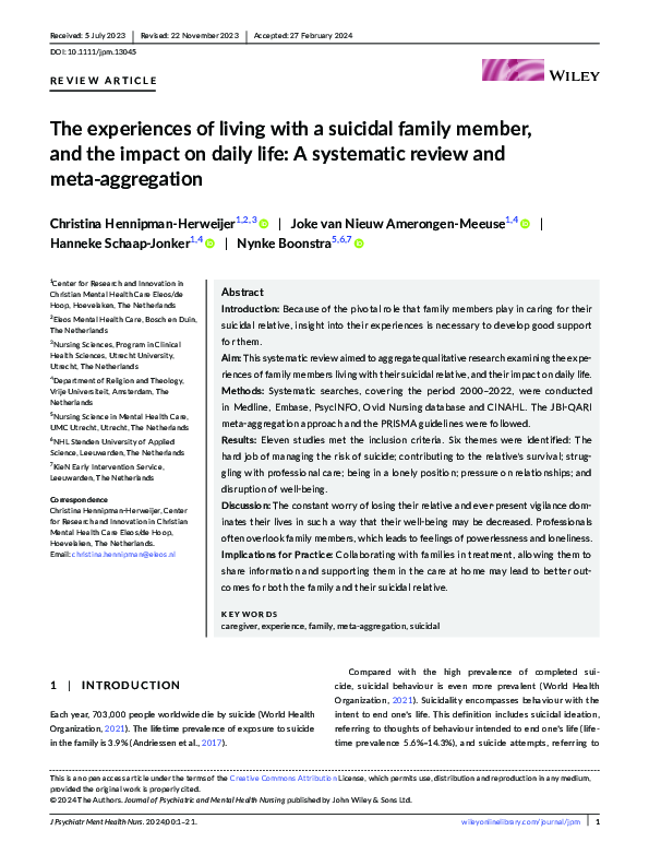(PDF) The experiences of living with a suicidal family member, and the ...