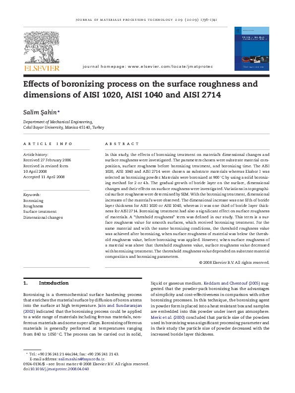 (PDF) Effects of boronizing process on the surface roughness and ...