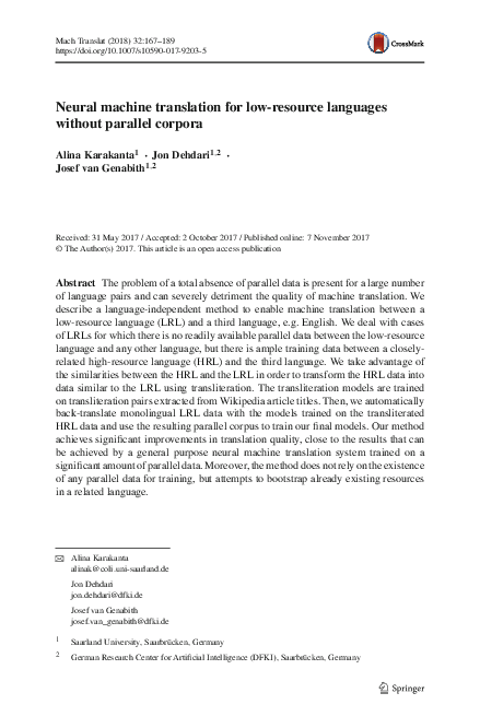 (PDF) Neural machine translation for low-resource languages without ...