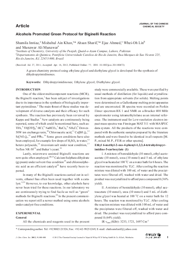 (PDF) Alcohols Promoted Green Protocol for Biginelli Reaction