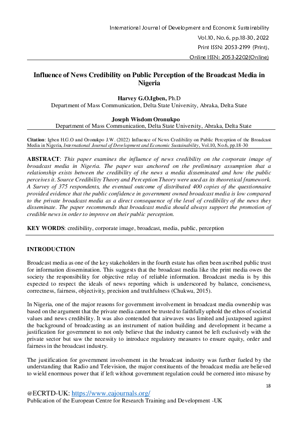 (PDF) Influence of News Credibility on Public Perception of the ...