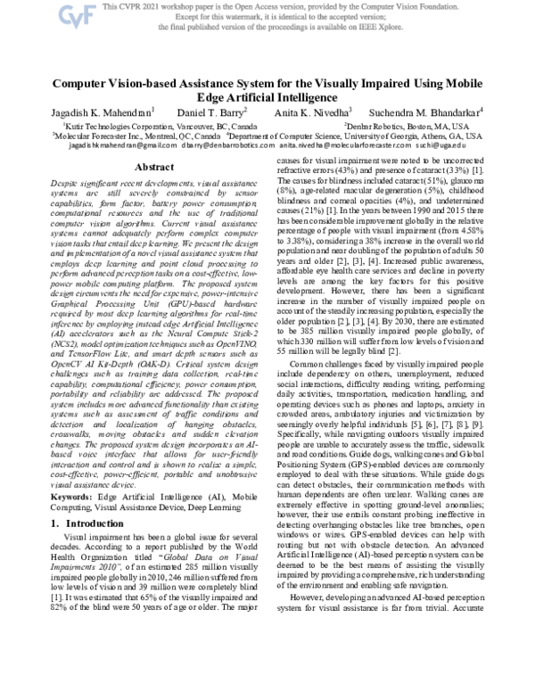 (PDF) Computer Vision-based Assistance System for the Visually Impaired ...
