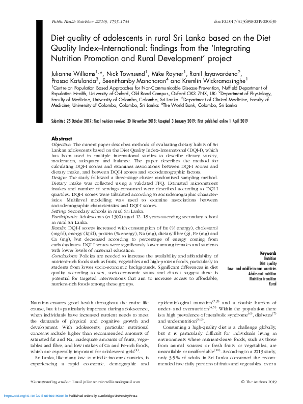 (PDF) Diet quality of adolescents in rural Sri Lanka based on the Diet ...