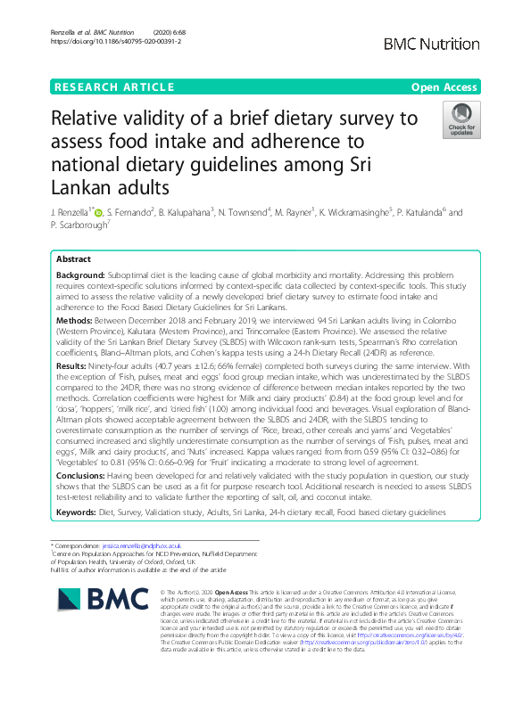 (PDF) Relative validity of a brief dietary survey to assess food intake ...
