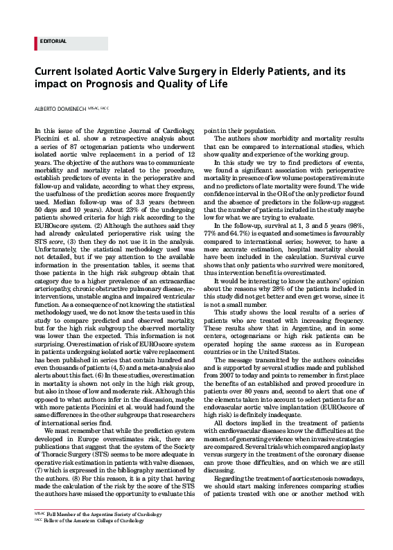 (PDF) Current Isolated Aortic Valve Surgery in Elderly Patients, and ...