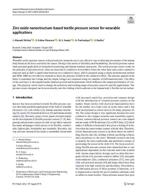 (PDF) Zinc oxide nanostructure-based textile pressure sensor for ...