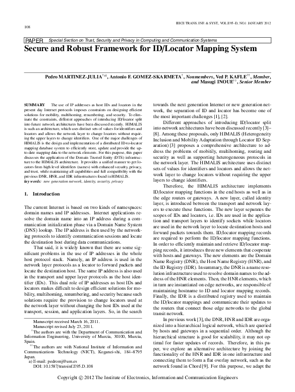(PDF) Secure and Robust Framework for ID/Locator Mapping System