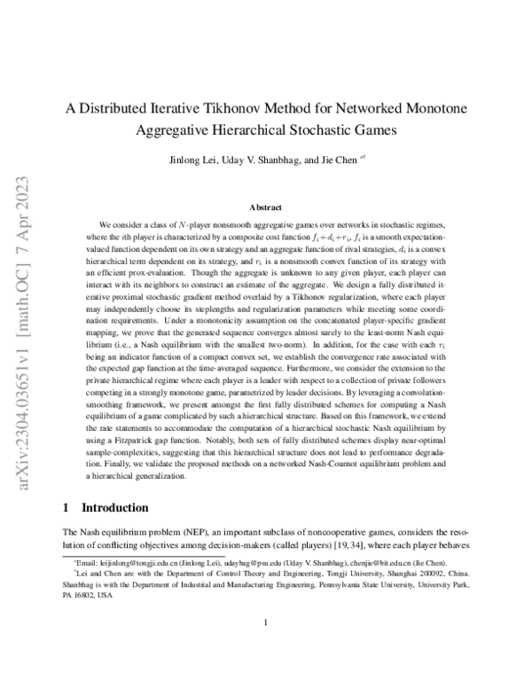 (PDF) A Distributed Iterative Tikhonov Method for Networked Monotone ...