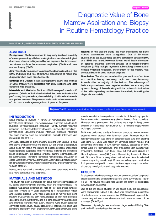 (PDF) Diagnostic Value of Bone Marrow Aspiration and Biopsy in Routine ...