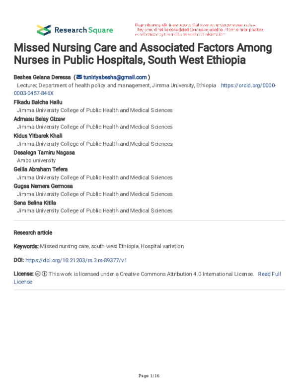 (PDF) Missed Nursing Care and Associated Factors Among Nurses in Public ...