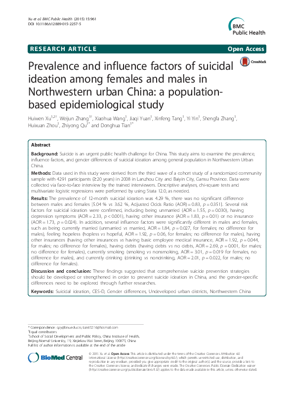(PDF) Prevalence and influence factors of suicidal ideation among ...