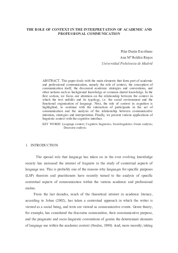 (PDF) The role of context in academic and professional communication