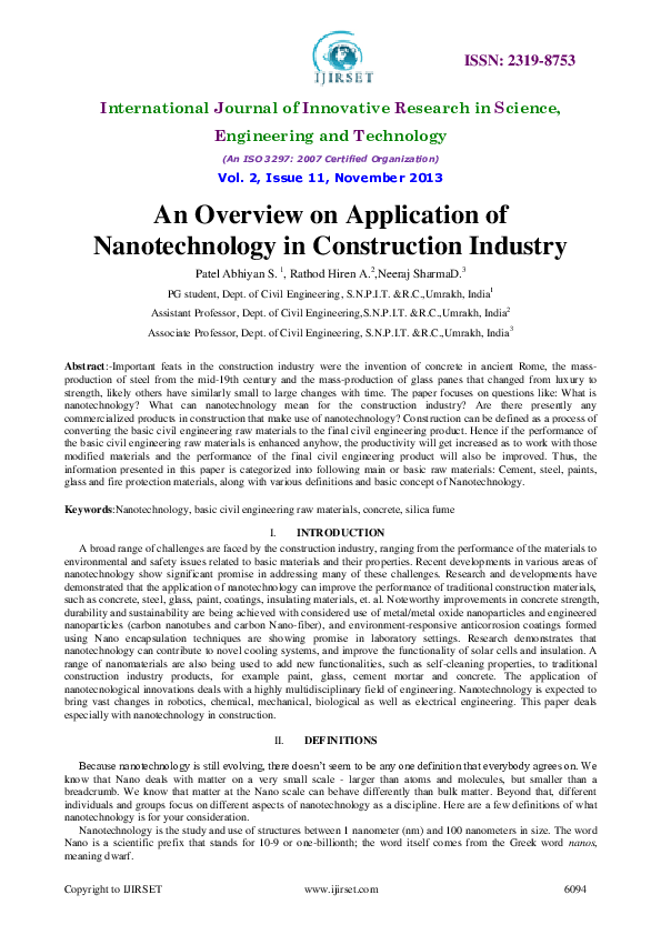 (PDF) An Overview on Application of Nanotechnology in Construction Industry
