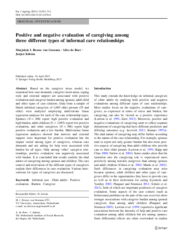 (PDF) Positive and negative evaluation of caregiving among three ...