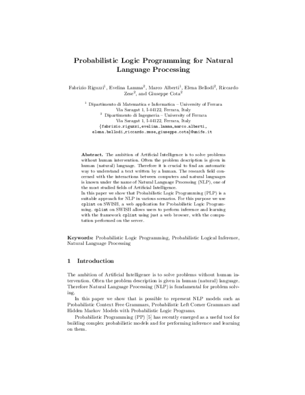(PDF) Probabilistic logic programming for natural language processing
