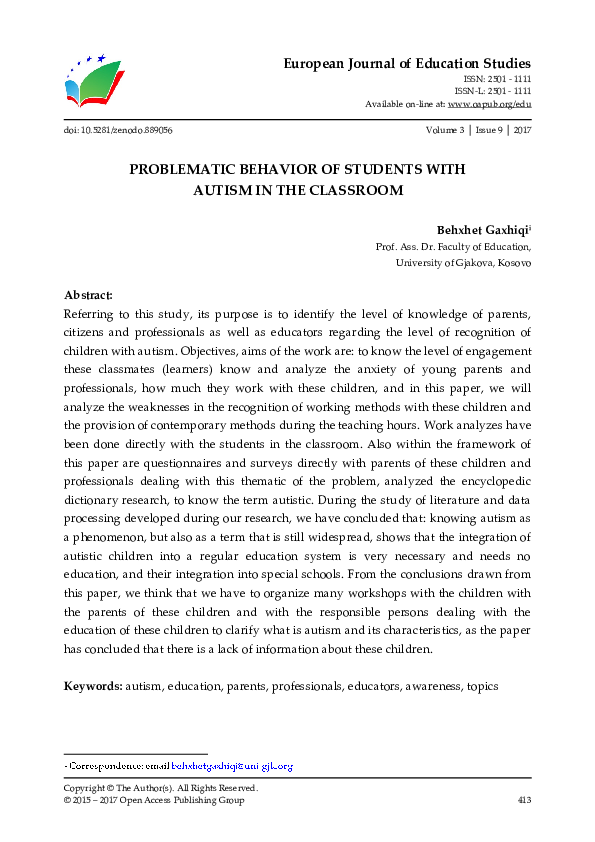 (PDF) Problematic Behavior of Students with Autism in the Classroom