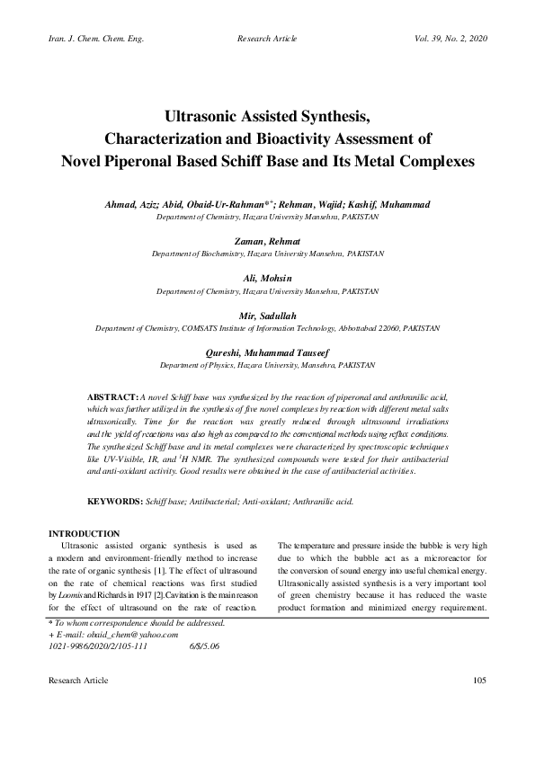 (PDF) Ultrasonic Assisted Synthesis, Characterization and Bioactivity ...