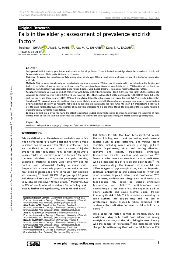 (PDF) Falls in the elderly: assessment of prevalence and risk factors