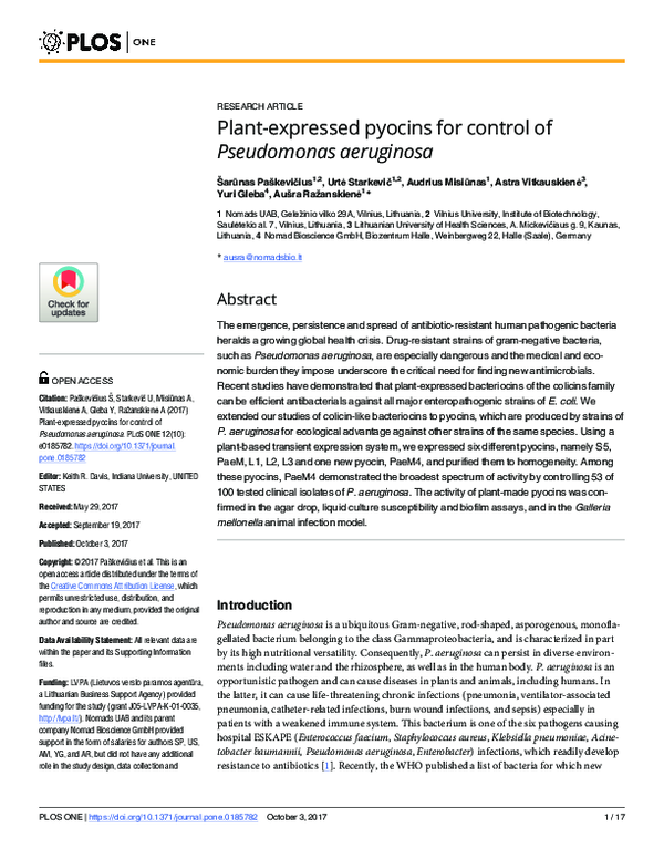 (PDF) Plant-expressed pyocins for control of Pseudomonas aeruginosa
