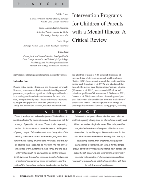 (PDF) Intervention programs of children of parents with a mental ...