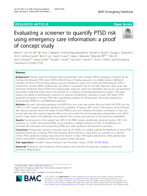 (PDF) Evaluating a screener to quantify PTSD risk using emergency care ...