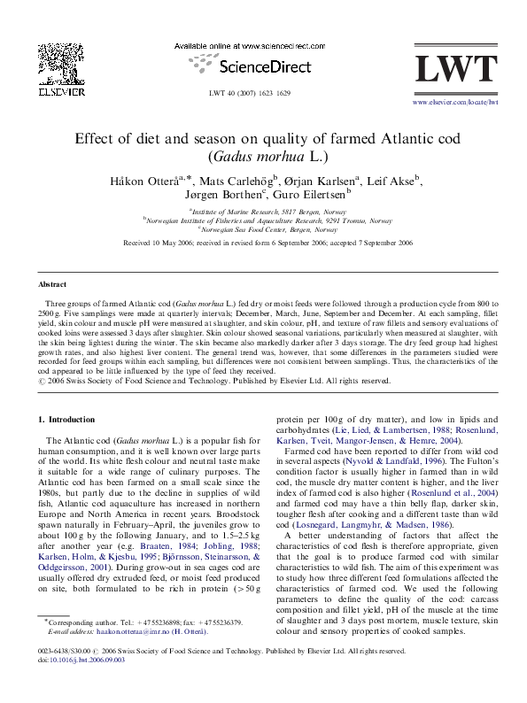 (PDF) Effect of diet and season on quality of farmed Atlantic cod ...