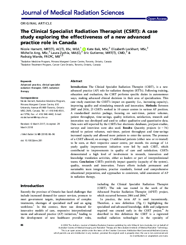 (PDF) The Clinical Specialist Radiation Therapist (CSRT): A case study ...