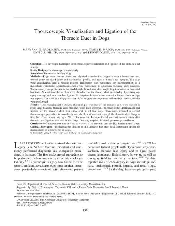 (PDF) Thoracoscopic Visualization and Ligation of the Thoracic Duct in Dogs