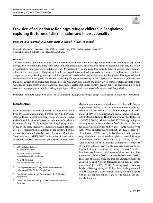 (PDF) Provision of education to Rohingya refugee children in Bangladesh ...