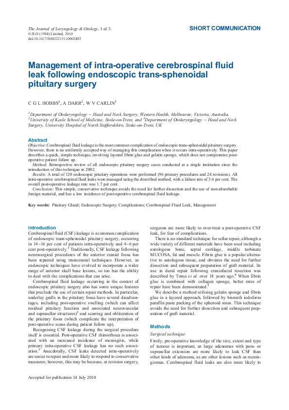 (PDF) Management of intra-operative cerebrospinal fluid leak in ...