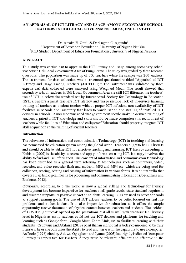 (PDF) AN APPRAISAL OF ICT LITRACY AND USAGE AMONG SECONDARY SCHOOL ...
