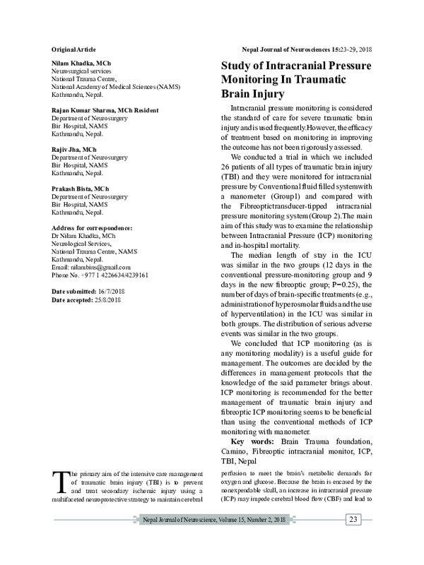 (PDF) Study of Intracranial Pressure Monitoring In Traumatic Brain Injury