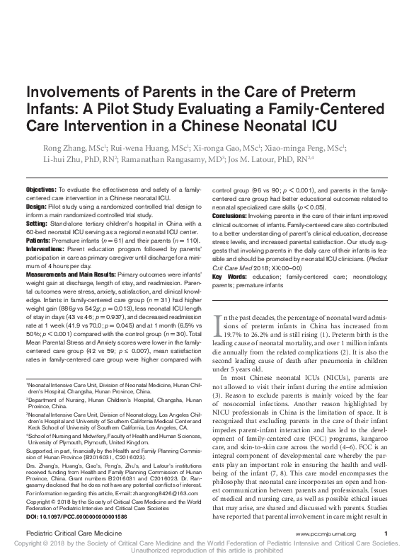 (PDF) Involvements of parents in the care of preterm infants: A pilot ...