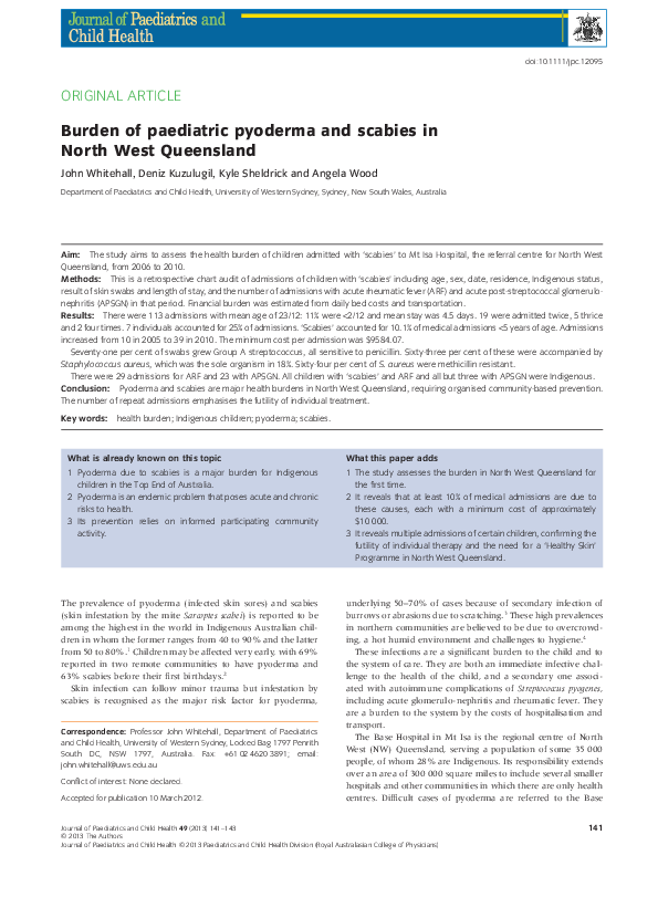 (PDF) Burden of paediatric pyoderma and scabies in North West Queensland