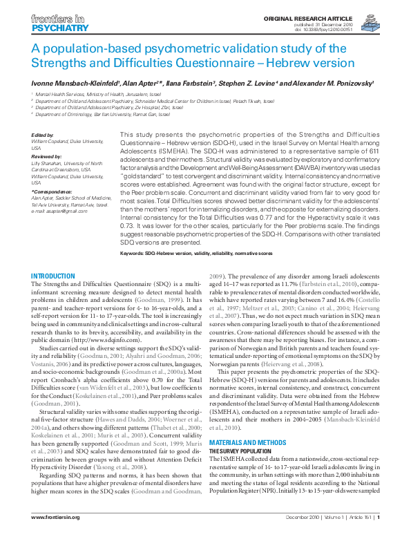 (PDF) A Population-Based Psychometric Validation Study of the Strengths ...