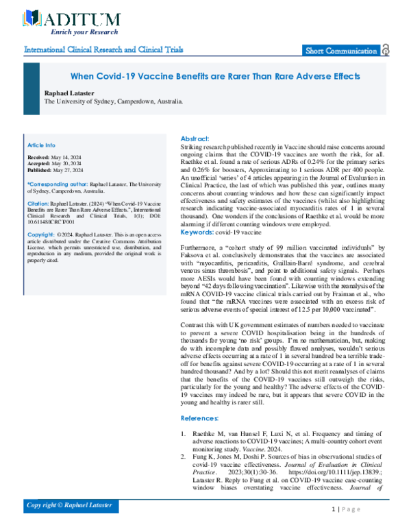 (PDF) When Covid 19 Vaccine Benefits are Rarer Than Rare Adverse Effects