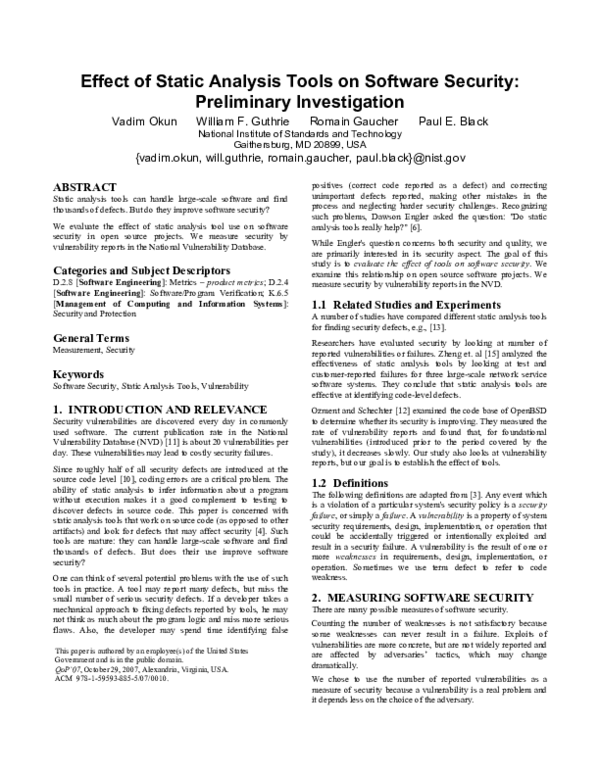 (PDF) Effect of static analysis tools on software security